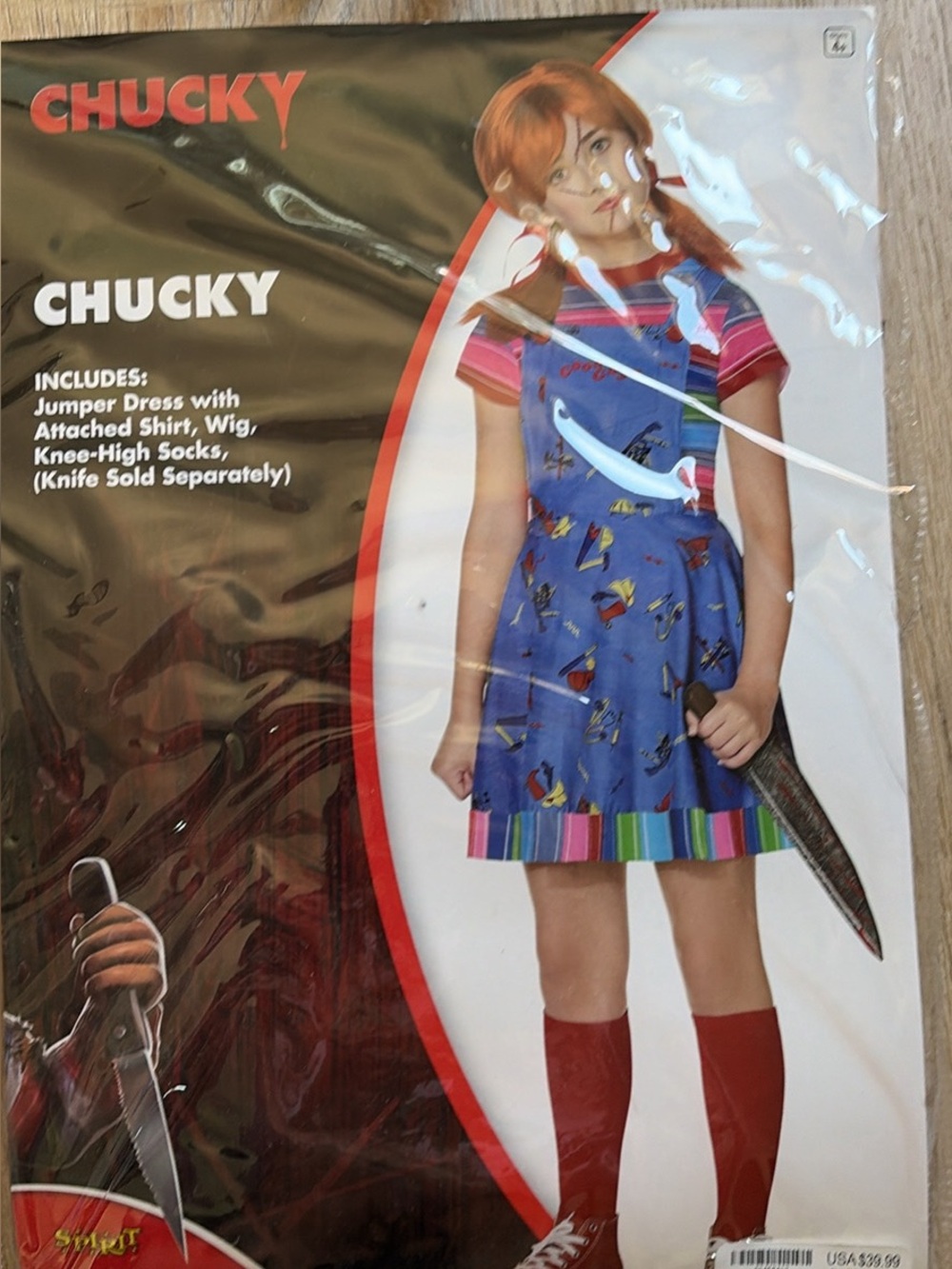 Girls' Chucky Costume with Red Socks and Wig
